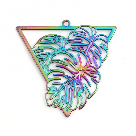 Picture of Iron Based Alloy Filigree Stamping Pendants Monstera Multicolor Triangle Color Plated 3.3cm x 3.2cm, 5 PCs