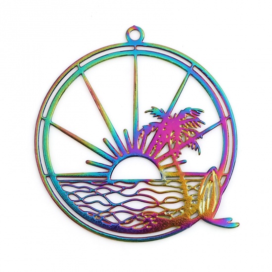 Image de Pendentifs Estampe en Filigrane en Alliage de Fer Rond Multicolore Soleil env. Plaqué 3.2cm x 3cm, 5 Pcs