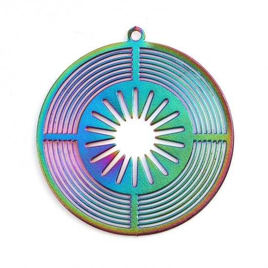 Image de Pendentifs Estampe en Filigrane en Alliage de Fer Rond Multicolore Soleil env. Plaqué 3.2cm x 3cm, 5 Pcs