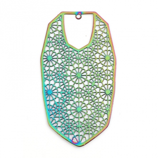 Picture of Iron Based Alloy Filigree Stamping Pendants Polygon Multicolor Flower Color Plated 6cm x 3.3cm, 5 PCs