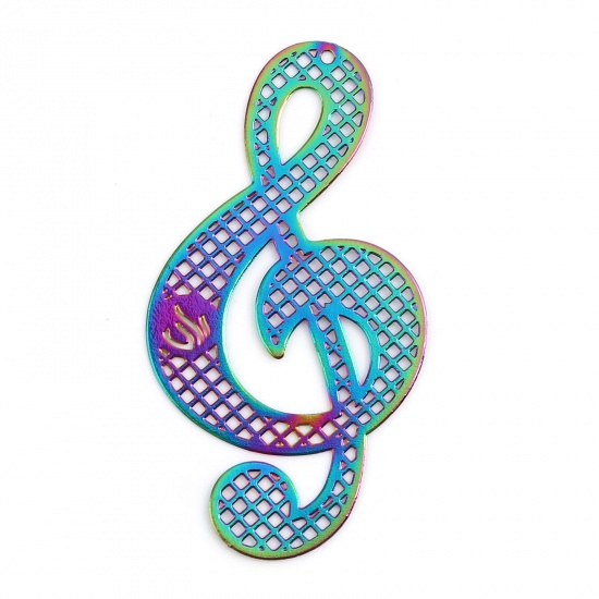 Picture of Iron Based Alloy Filigree Stamping Pendants Musical Note Multicolor Grid Checker Color Plated 5.5cm x 2.9cm, 5 PCs