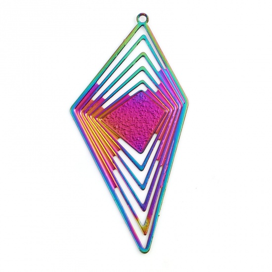 Picture of Iron Based Alloy Filigree Stamping Pendants Geometric Multicolor Stripe Color Plated 5.5cm x 2.7cm, 5 PCs