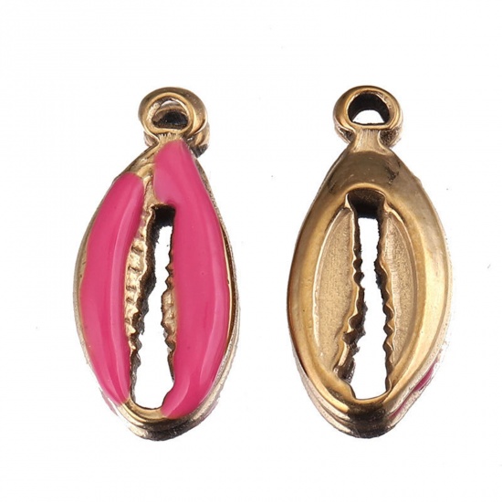 Picture of Stainless Steel Charms Shell Gold Plated Pink Enamel 17mm x 8mm, 2 PCs