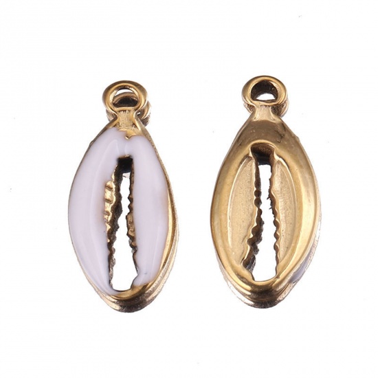 Picture of Stainless Steel Charms Shell Gold Plated White Enamel 17mm x 8mm, 2 PCs