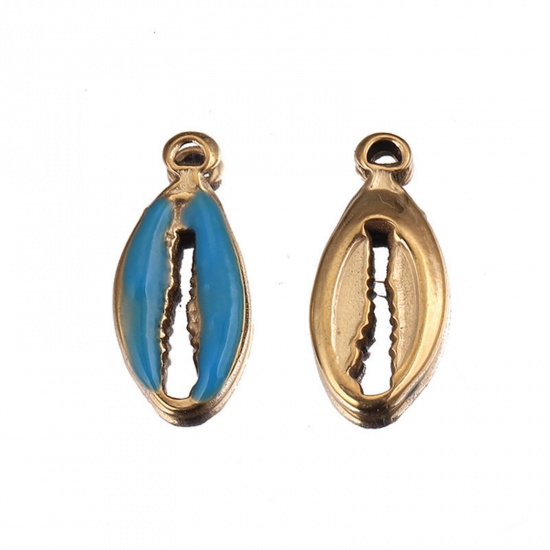 Picture of Stainless Steel Charms Shell Gold Plated Blue Enamel 17mm x 8mm, 2 PCs