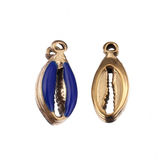 Picture of Stainless Steel Charms Shell Gold Plated Dark Blue Enamel 17mm x 8mm, 2 PCs