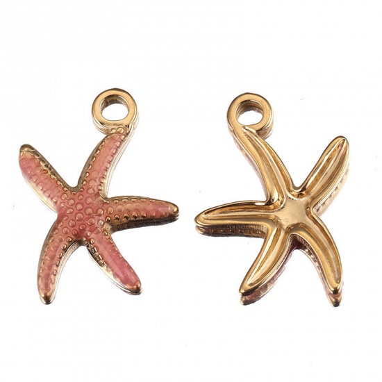 Picture of Stainless Steel Ocean Jewelry Charms Star Fish Gold Plated Orange Pink Enamel 17mm x 14mm, 2 PCs