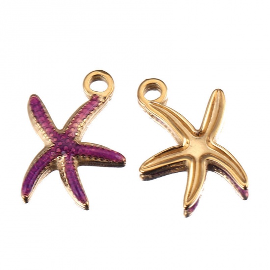 Picture of Stainless Steel Ocean Jewelry Charms Star Fish Gold Plated Purple Enamel 17mm x 14mm, 2 PCs