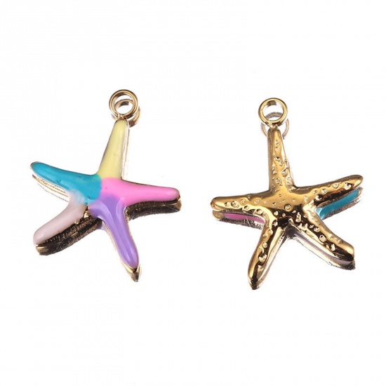 Picture of Stainless Steel Ocean Jewelry Charms Star Fish Gold Plated Multicolor Enamel 14mm x 12mm, 2 PCs