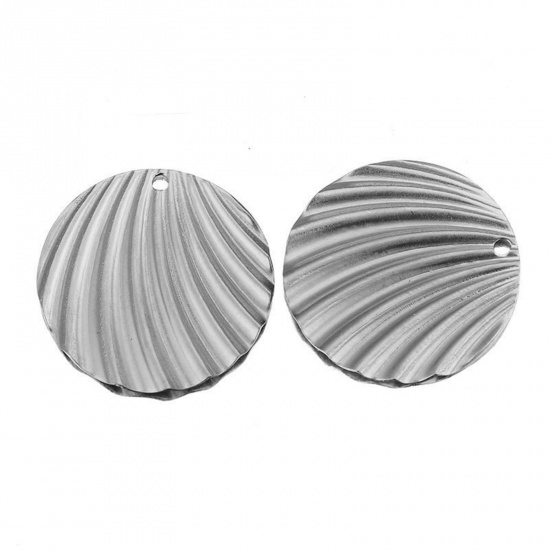 Picture of Stainless Steel Charms Round Silver Tone Stripe 28mm Dia., 5 PCs