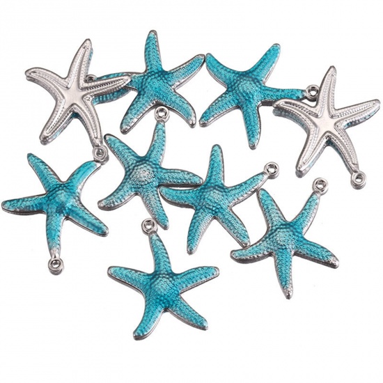 Picture of Stainless Steel Ocean Jewelry Charms Star Fish Silver Tone Blue Enamel 17.5mm x 15mm, 5 PCs