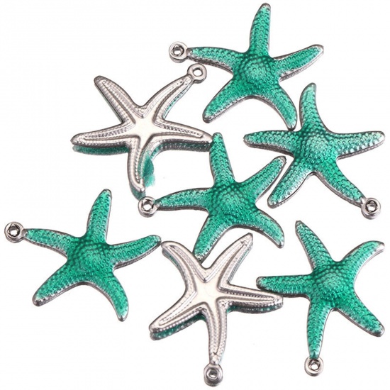 Picture of Stainless Steel Ocean Jewelry Charms Star Fish Silver Tone Green Enamel 17.5mm x 15mm, 5 PCs