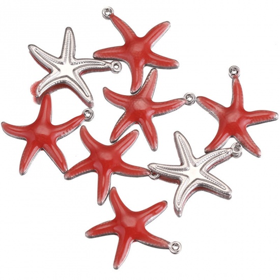 Picture of Stainless Steel Ocean Jewelry Charms Star Fish Silver Tone Orange-red Enamel 17.5mm x 15mm, 5 PCs