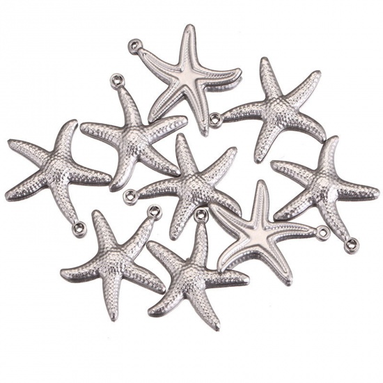 Picture of Stainless Steel Ocean Jewelry Charms Star Fish Silver Tone Enamel 17.5mm x 15mm, 5 PCs