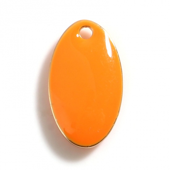 Bild von Messing Emaillierte Pailletten Charms Oval Vergoldet Orange 14mm x 8mm, 10 Stück