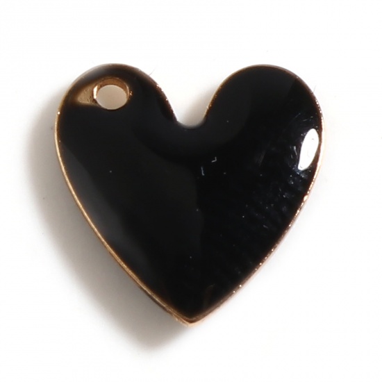 Imagen de Latón día de San Valentín Colgantes Charms Chapado en Oro Negro Corazón Lentejuelas Esmaltadas de Doble cara 10mm x 10mm, 5 Unidades