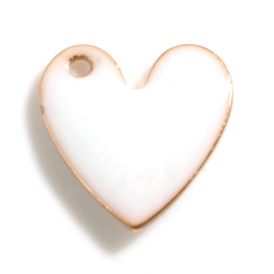 Imagen de Latón día de San Valentín Colgantes Charms Chapado en Oro Blanco Corazón Lentejuelas Esmaltadas de Doble cara 10mm x 10mm, 5 Unidades