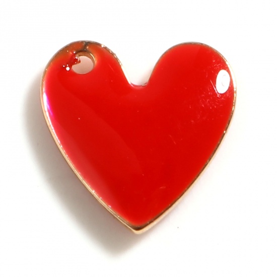 Imagen de Latón día de San Valentín Colgantes Charms Chapado en Oro Rojo Corazón Lentejuelas Esmaltadas de Doble cara 10mm x 10mm, 5 Unidades