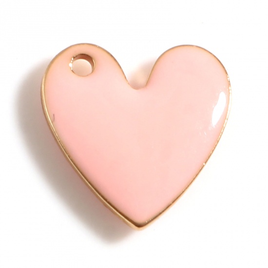 Imagen de Latón día de San Valentín Colgantes Charms Chapado en Oro Rosa Melocotón Corazón Lentejuelas Esmaltadas de Doble cara 10mm x 10mm, 5 Unidades