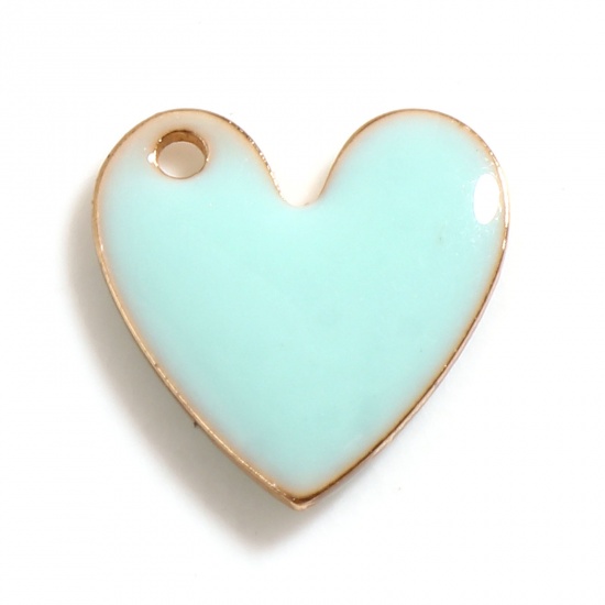 Bild von Messing Valentinstag Charms Herz Vergoldet Cyanblau Doppelseitige emaillierte Pailletten 10mm x 10mm, 5 Stück                                                                                                                                                 