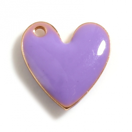 Imagen de Latón día de San Valentín Colgantes Charms Chapado en Oro Púrpura Claro Corazón Lentejuelas Esmaltadas de Doble cara 10mm x 10mm, 5 Unidades