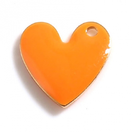 Imagen de Latón día de San Valentín Colgantes Charms Chapado en Oro Naranja Corazón Lentejuelas Esmaltadas de Doble cara 10mm x 10mm, 5 Unidades