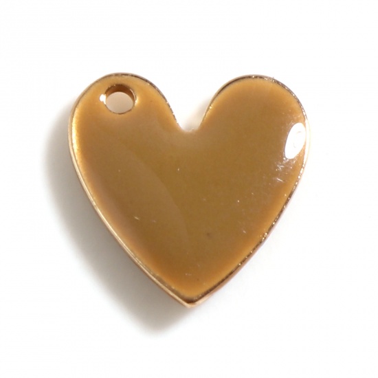 Imagen de Latón día de San Valentín Colgantes Charms Chapado en Oro Café Corazón Lentejuelas Esmaltadas de Doble cara 10mm x 10mm, 5 Unidades