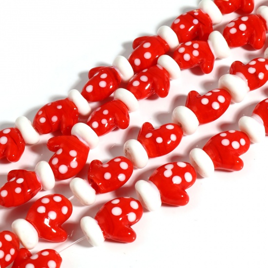Picture of Lampwork Glass Beads Christmas Gloves White & Red About 19mm x 14mm, Hole: Approx 1.5mm, 5 PCs