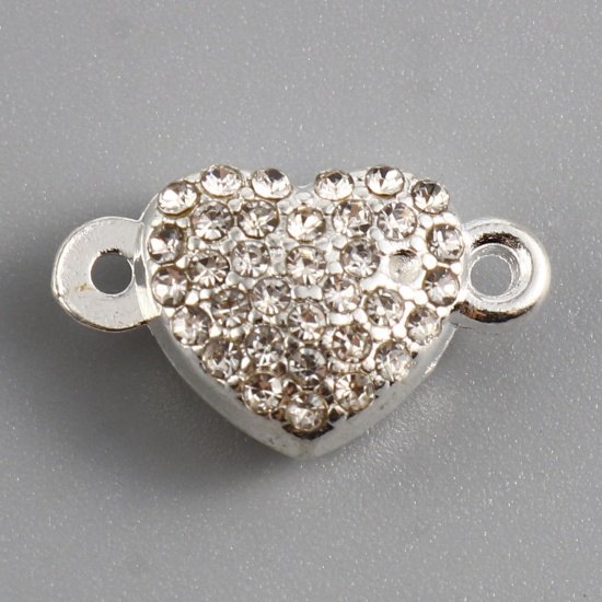 Picture of Zinc Based Alloy & Magnetic Hematite Magnetic Clasps Heart Silver Plated Clear 19mm x 11mm, 3 PCs