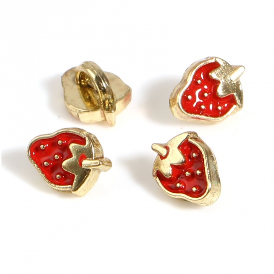 Picture of Zinc Based Alloy Doll Toy Accessories Metal Sewing Shank Buttons Gold Plated Red Strawberry Fruit Enamel 6mm x 4.5mm, 30 PCs