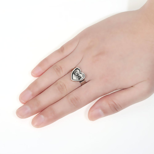 Bild von Zinklegierung Modisch Einstellbar Ring Herz Antiksilber Message "Love" (US Größe:8 ) 18.3mm 1 Stück