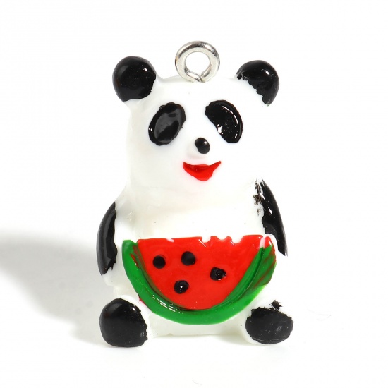 Picture of Resin Charms Panda Animal Watermelon Fruit Silver Tone Black & White 26mm x 18mm - 25mm x 17mm, 5 PCs