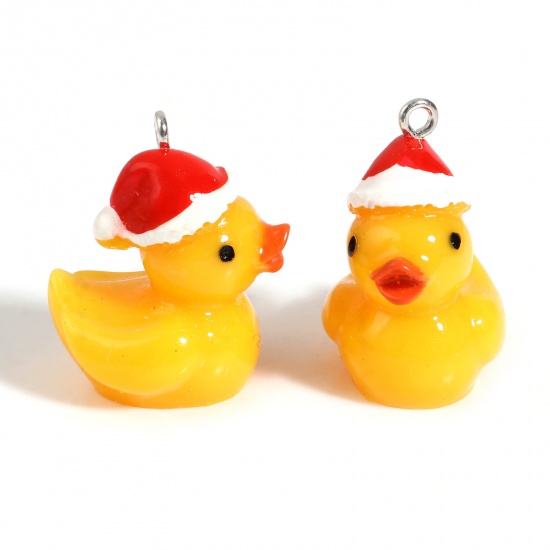 Picture of Resin Charms Duck Animal Christmas Hats Silver Tone Orange 28mm x 23mm - 27mm x 22mm, 5 PCs