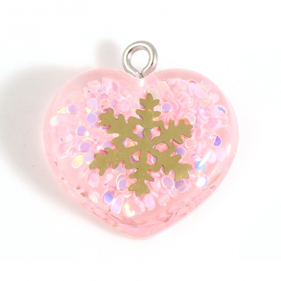 Picture of Acrylic Christmas Charms Heart Silver Tone Pink Sequins Snowflake 20.5mm x 20mm, 5 PCs