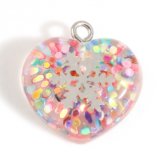 Picture of Acrylic Christmas Charms Heart Silver Tone Multicolor Sequins Snowflake 20.5mm x 20mm, 5 PCs