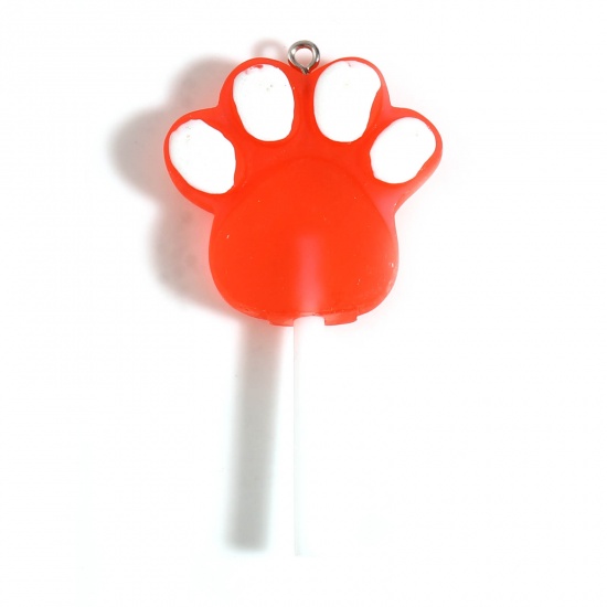 Picture of Resin Pendants Lollipop Paw Claw Silver Tone White & Red 6.2cm x 3.3cm, 5 PCs