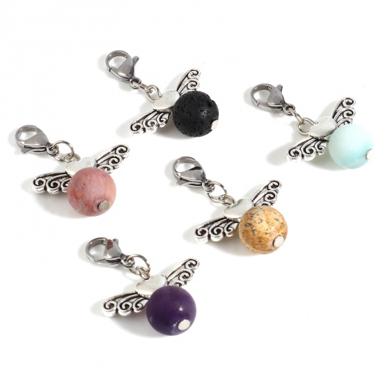 Picture of Zinc Based Alloy & Stone Knitting Stitch Markers Heart Antique Silver Color At Random Color Mixed Wing 3.4cm x 2.4cm, 5 PCs