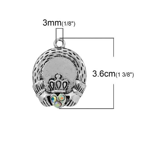 Picture of Zinc Based Alloy Pendants Hand Antique Silver Crown Carved AB Color Rhinestone 36mm(1 3/8") x 28mm(1 1/8"), 2 PCs