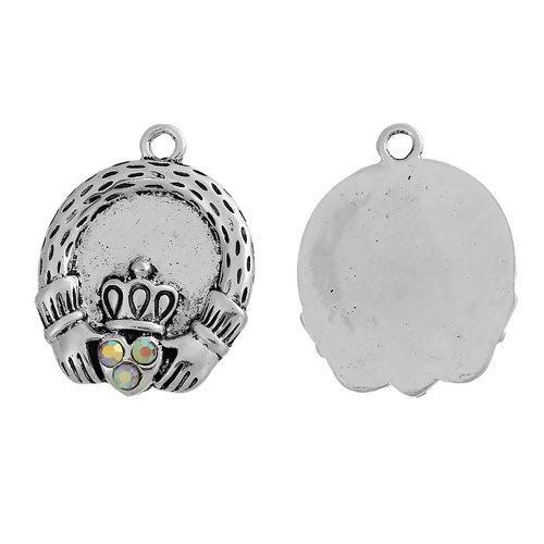 Picture of Zinc Based Alloy Pendants Hand Antique Silver Crown Carved AB Color Rhinestone 36mm(1 3/8") x 28mm(1 1/8"), 2 PCs