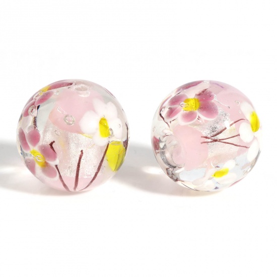 ランプワークガラス ビーズ 円形 薄ピンク 花パターン 約 20mm直径、 穴：約 2.1mm、 1 個 の画像