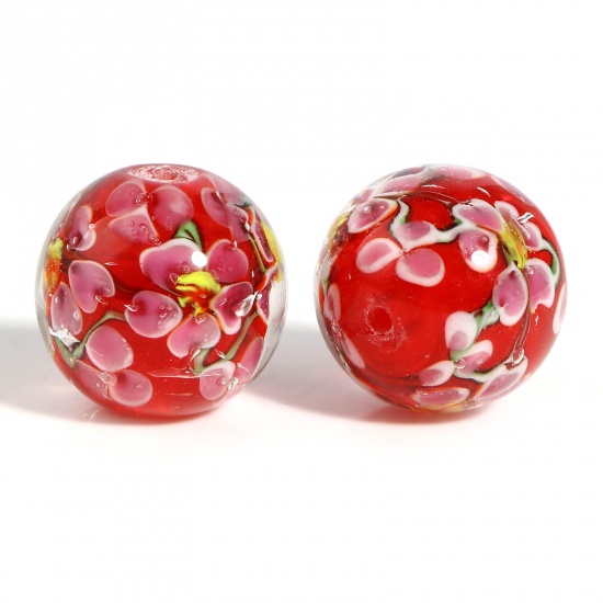 Picture of Lampwork Glass Beads Round Light Pink Flower About 20mm Dia, Hole: Approx 2.1mm, 1 Piece