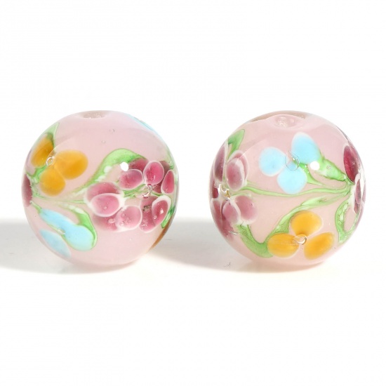 Picture of Lampwork Glass Beads Round Pink & Mauve Flower About 20mm Dia, Hole: Approx 2.1mm, 1 Piece
