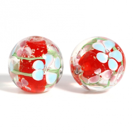Picture of Lampwork Glass Beads Round Red Flower About 20mm Dia, Hole: Approx 2.1mm, 1 Piece