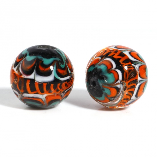 Picture of Lampwork Glass Beads Round Black & Orange Flower About 20mm Dia, Hole: Approx 2.1mm, 1 Piece