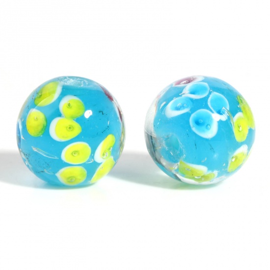 Picture of Lampwork Glass Beads Round Yellow & Blue Flower About 20mm Dia, Hole: Approx 2.1mm, 1 Piece