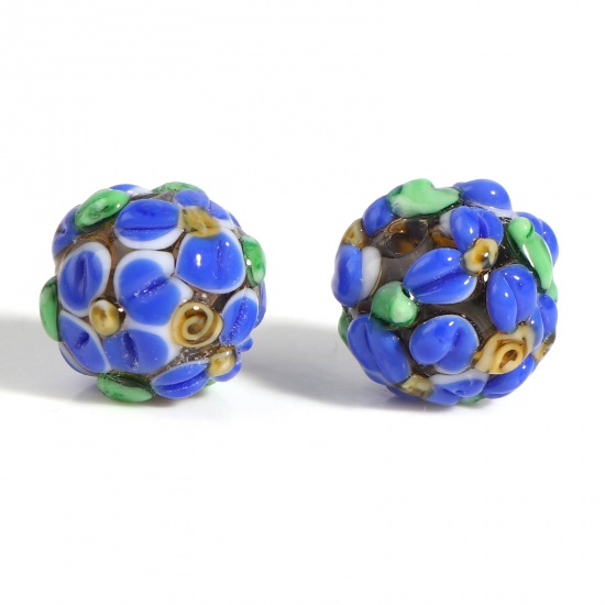 Picture of Lampwork Glass Beads Round Royal Blue Flower About 13mm Dia, Hole: Approx 2.1mm, 1 Piece