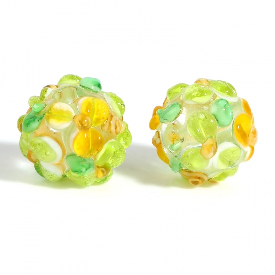 Picture of Lampwork Glass Beads Round Green Flower About 13mm Dia, Hole: Approx 2.1mm, 1 Piece