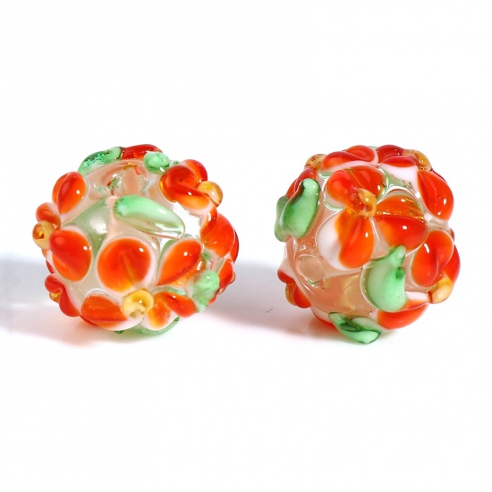 Picture of Lampwork Glass Beads Round Red Flower About 13mm Dia, Hole: Approx 2.1mm, 1 Piece