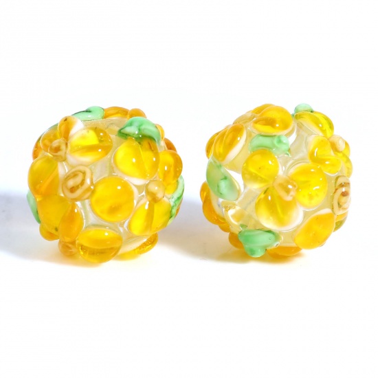 Picture of Lampwork Glass Beads Round Yellow Flower About 13mm Dia, Hole: Approx 2.1mm, 1 Piece