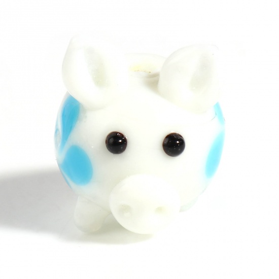 Picture of Lampwork Glass Beads Pig Animal White & Blue About 17mm x 16mm, Hole: Approx 2.2mm, 1 Piece